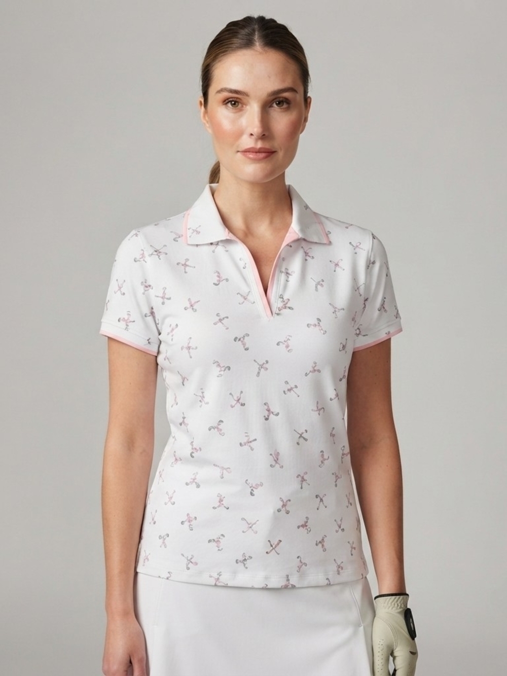 Coral Bay Golf Polo White Pink Clubs Print Awarness Cancer Short Sleeve Top M